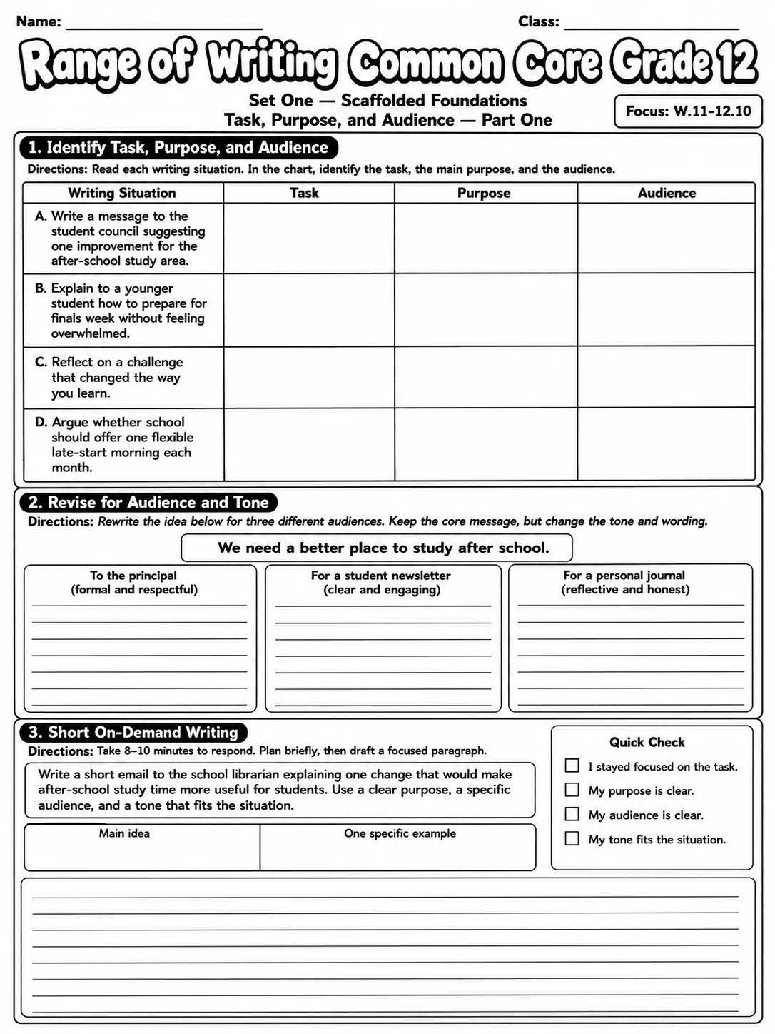 Range of Writing Common Core Grade 12 printable Common Core ELA Grade 12 worksheet preview from KiwiBee