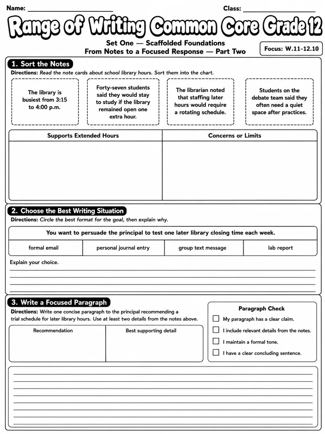 Range of Writing Common Core Grade 12 page 2 printable Common Core ELA worksheet preview