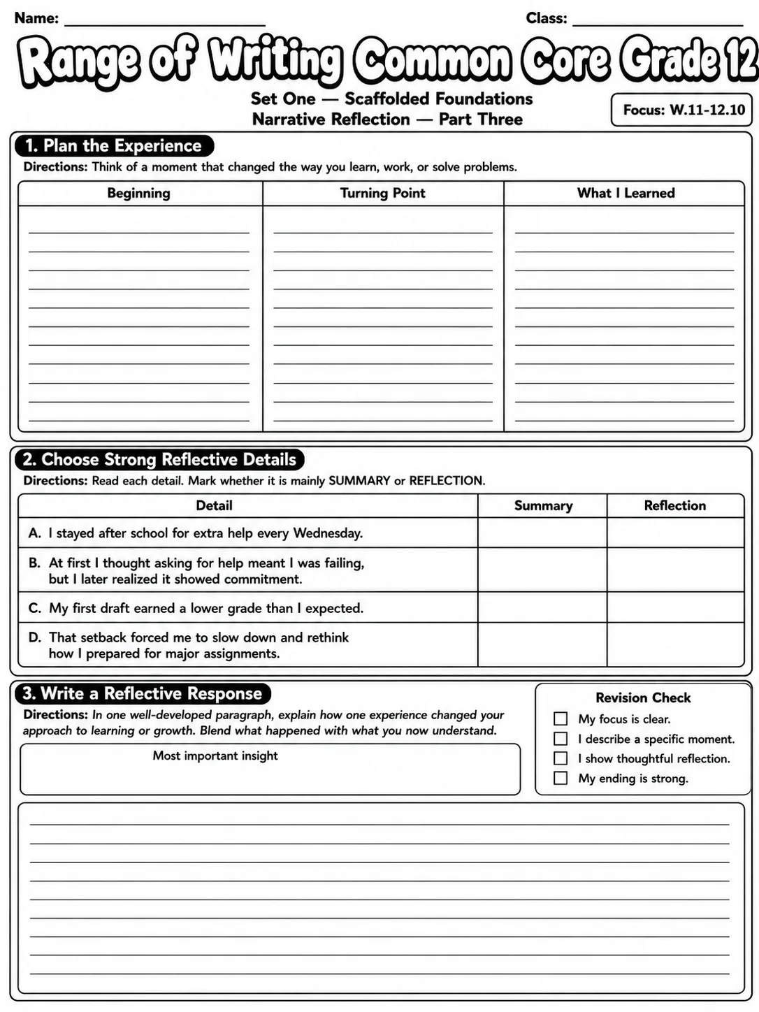 Range of Writing Common Core Grade 12 page 3 printable Common Core ELA worksheet preview