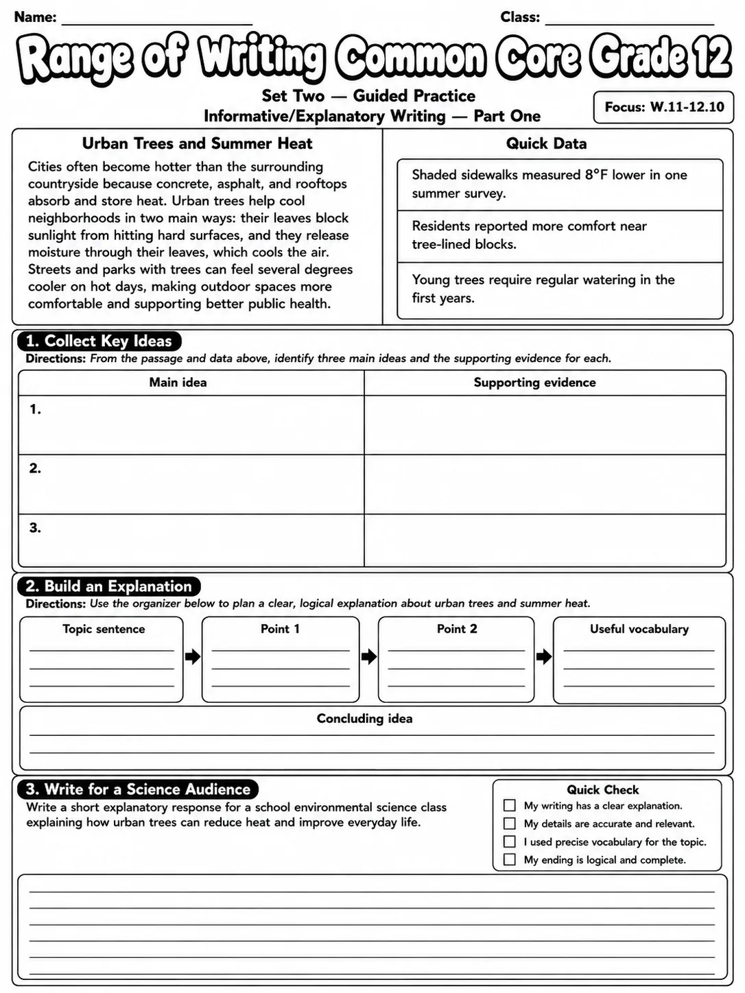Range of Writing Common Core Grade 12 page 4 printable Common Core ELA worksheet preview