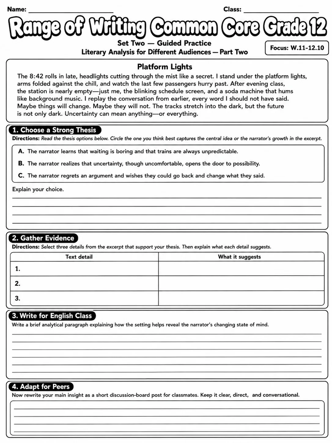 Range of Writing Common Core Grade 12 page 5 printable Common Core ELA worksheet preview