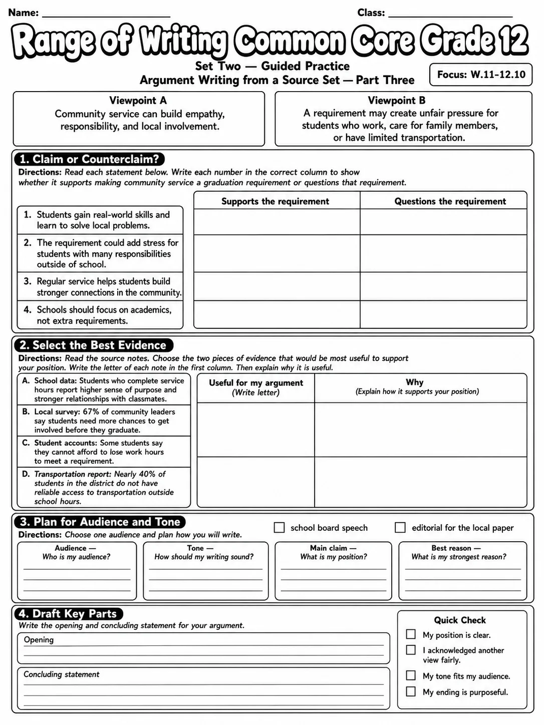 Range of Writing Common Core Grade 12 page 6 printable Common Core ELA worksheet preview