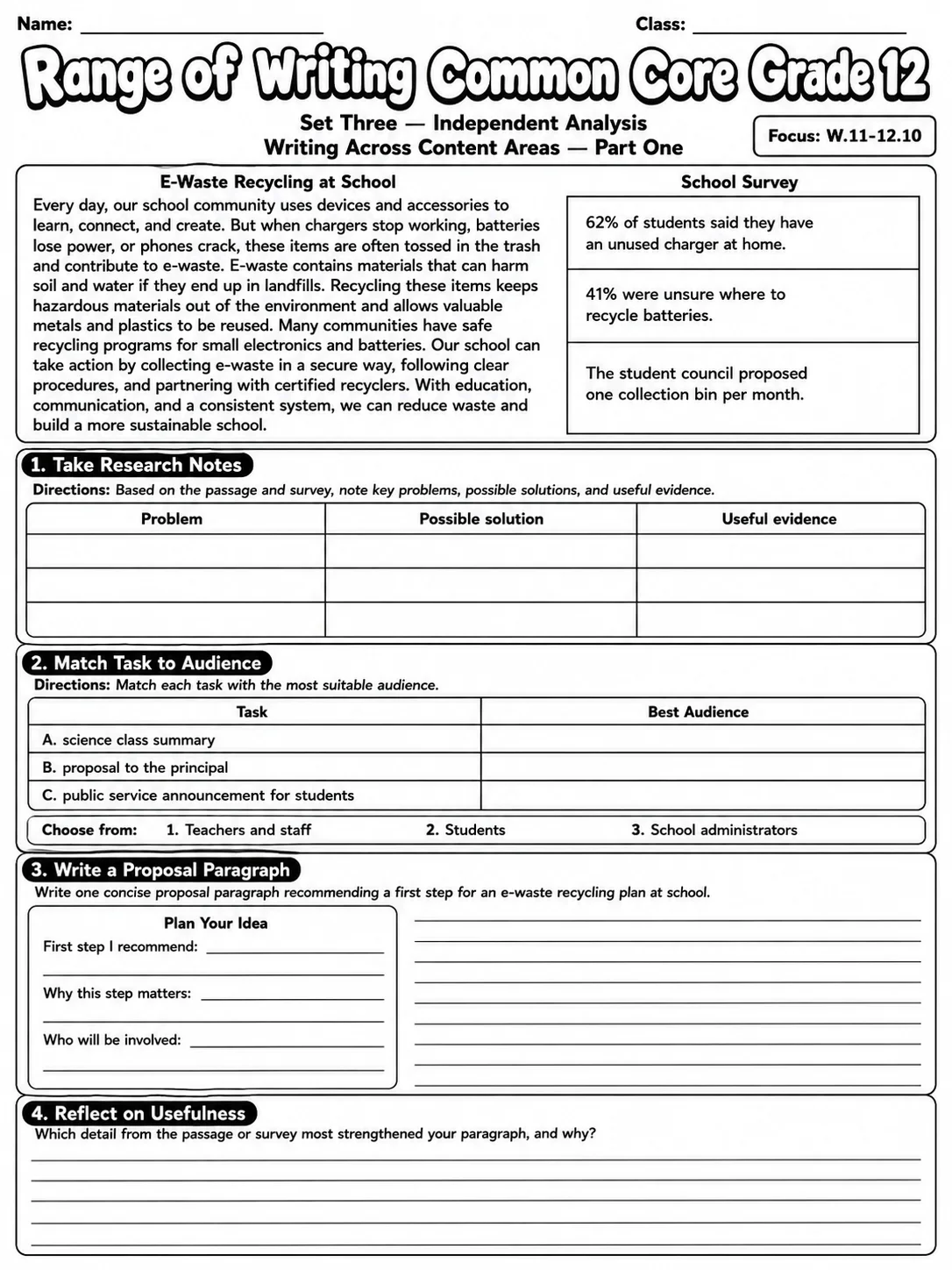 Range of Writing Common Core Grade 12 page 7 printable Common Core ELA worksheet preview