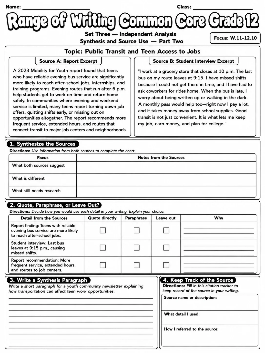 Range of Writing Common Core Grade 12 page 8 printable Common Core ELA worksheet preview