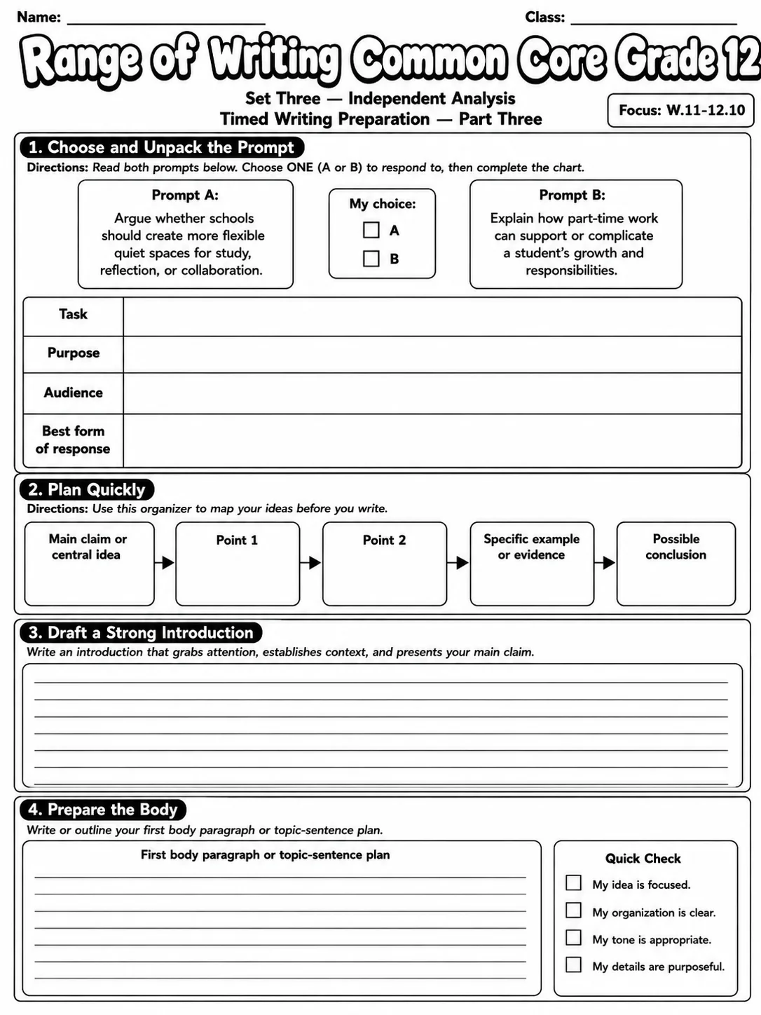 Range of Writing Common Core Grade 12 page 9 printable Common Core ELA worksheet preview