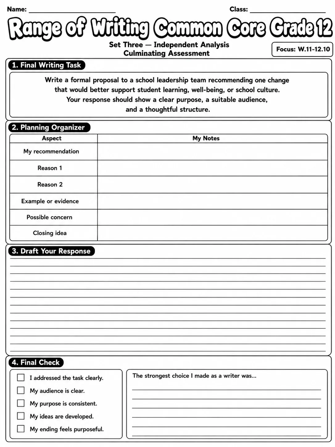 Range of Writing Common Core Grade 12 page 10 printable Common Core ELA worksheet preview