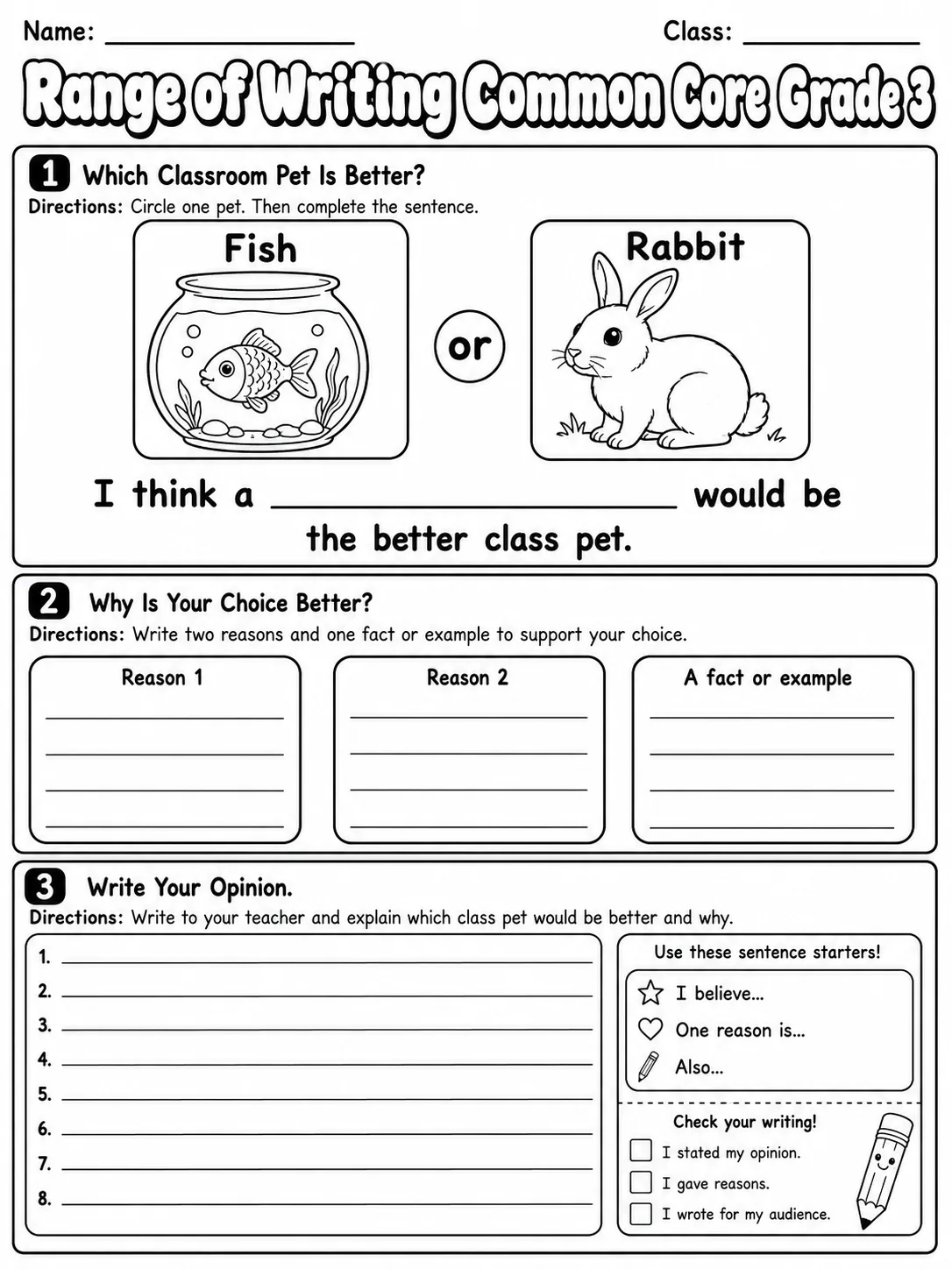 Range of Writing Common Core Grade 3 page 3 printable Common Core ELA worksheet preview