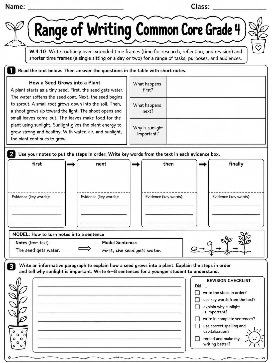 Range of Writing Common Core Grade 4 page 2 printable Common Core ELA worksheet preview