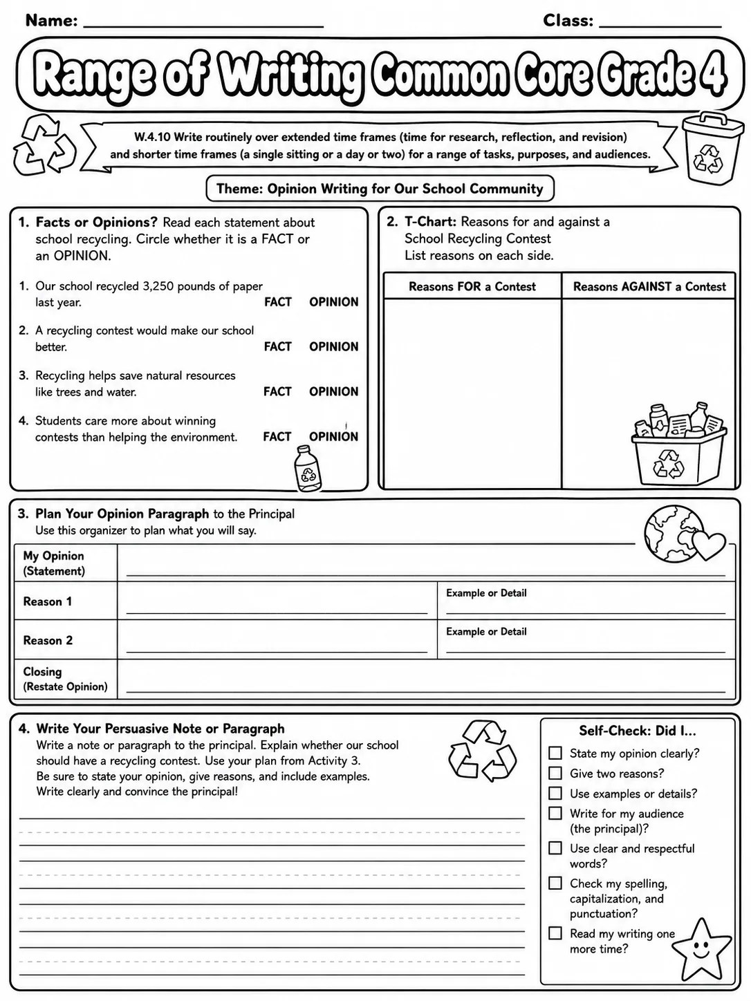 Range of Writing Common Core Grade 4 page 4 printable Common Core ELA worksheet preview