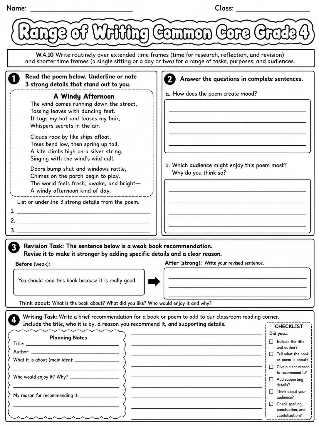 Range of Writing Common Core Grade 4 page 7 printable Common Core ELA worksheet preview