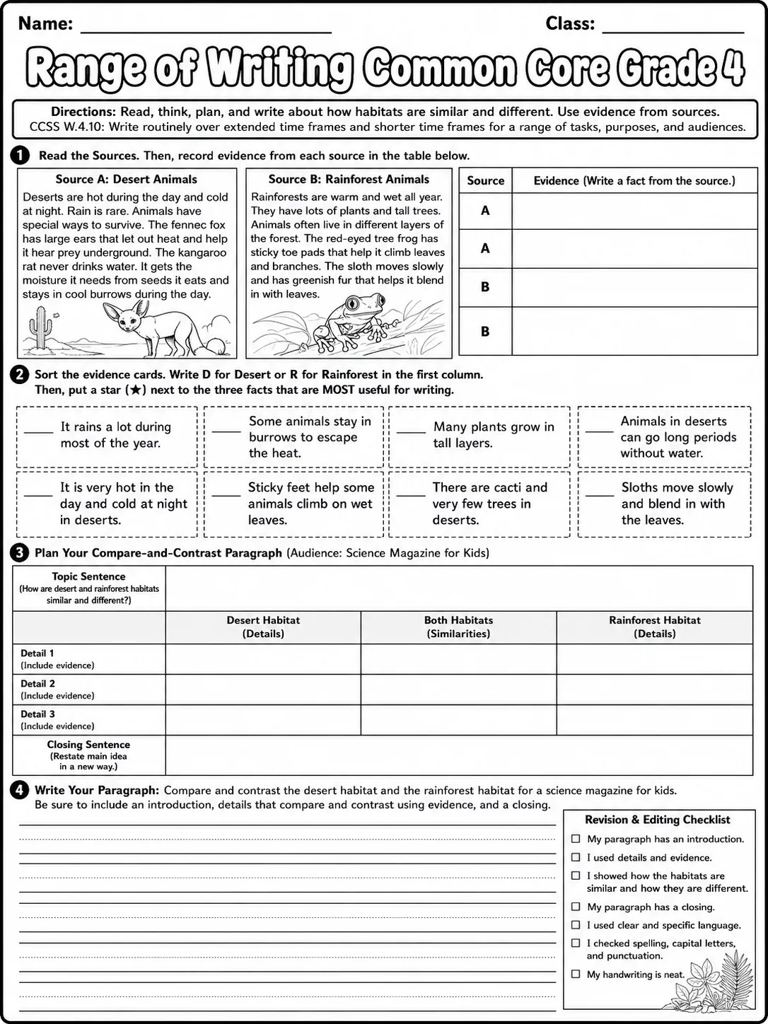 Range of Writing Common Core Grade 4 page 8 printable Common Core ELA worksheet preview