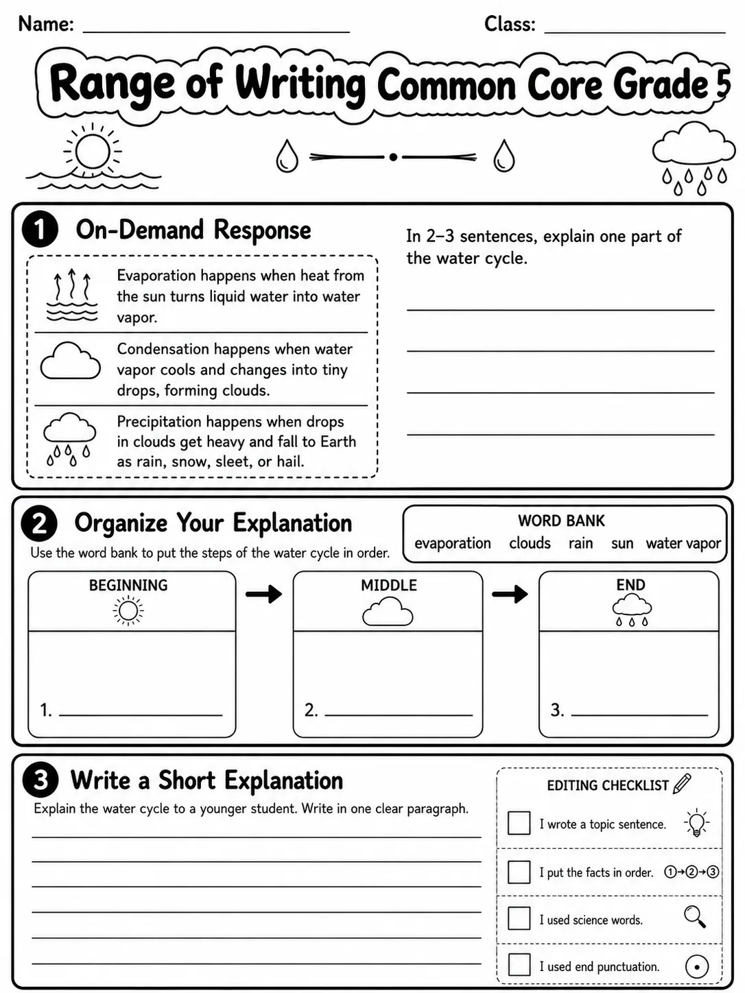 Range of Writing Common Core Grade 5 page 2 printable Common Core ELA worksheet preview