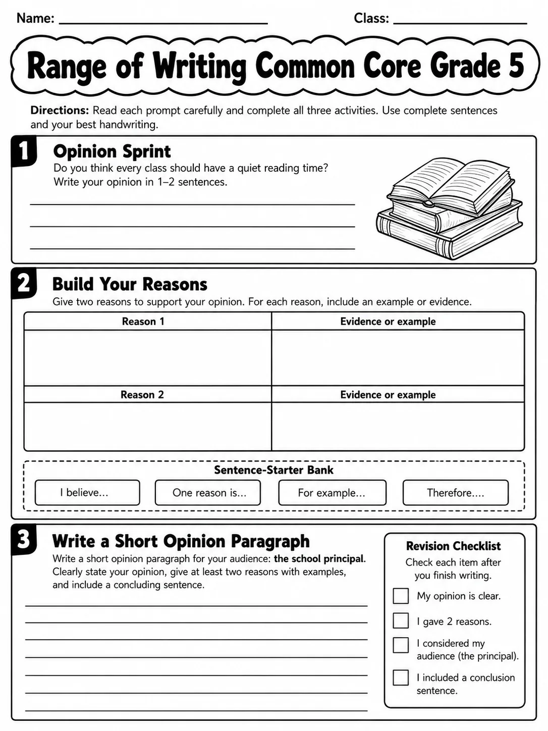 Range of Writing Common Core Grade 5 page 3 printable Common Core ELA worksheet preview