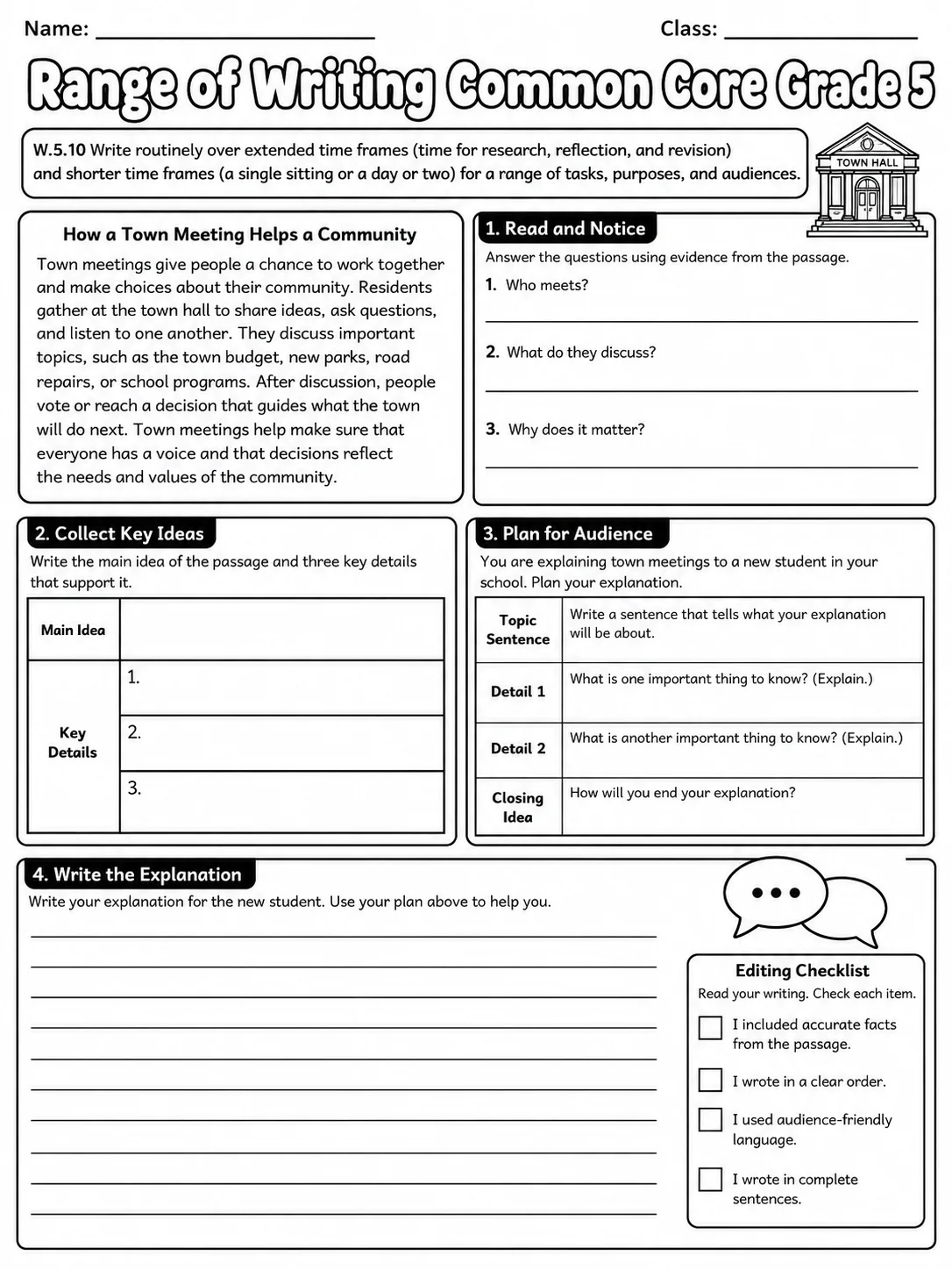 Range of Writing Common Core Grade 5 page 5 printable Common Core ELA worksheet preview