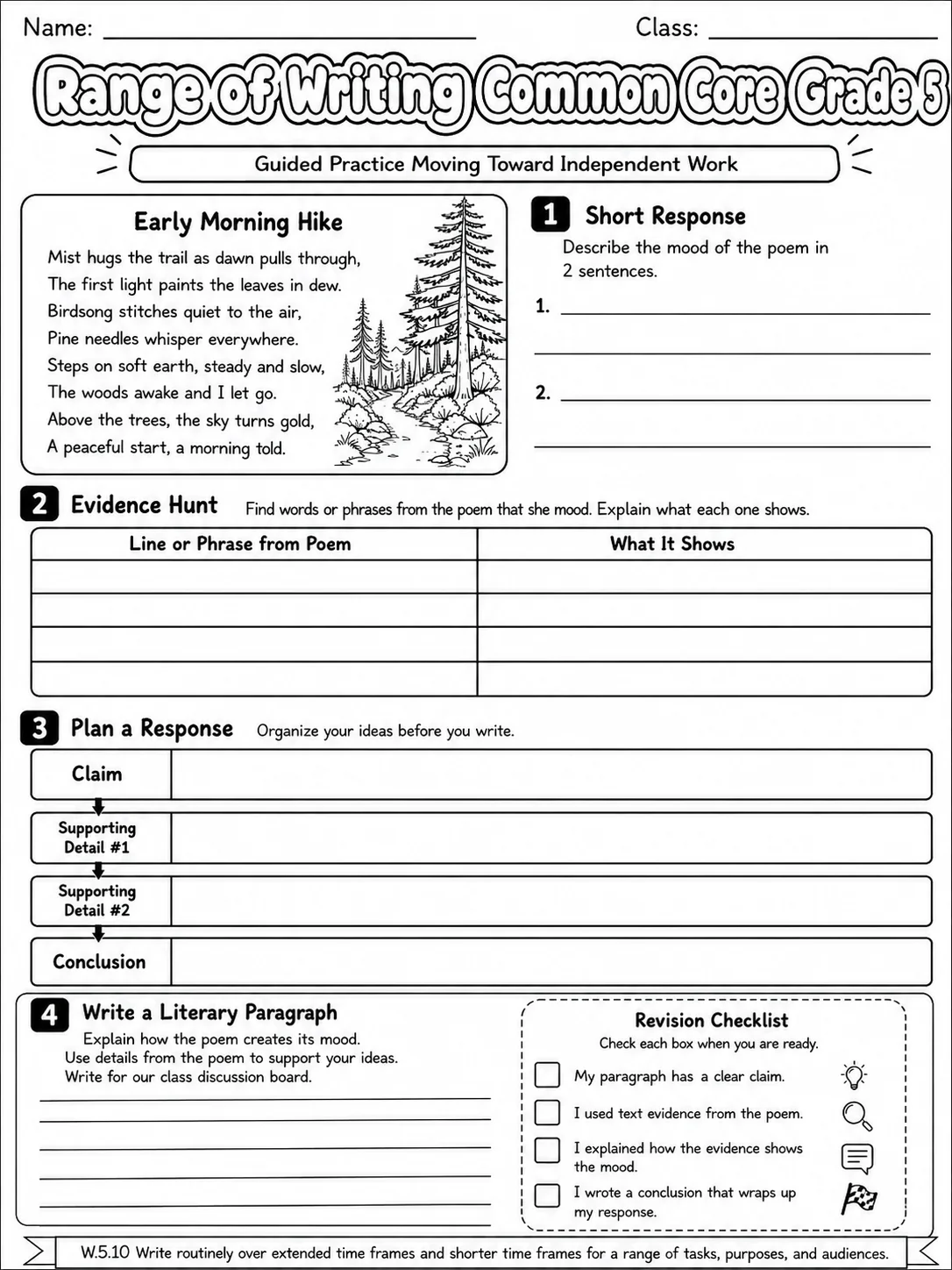 Range of Writing Common Core Grade 5 page 6 printable Common Core ELA worksheet preview