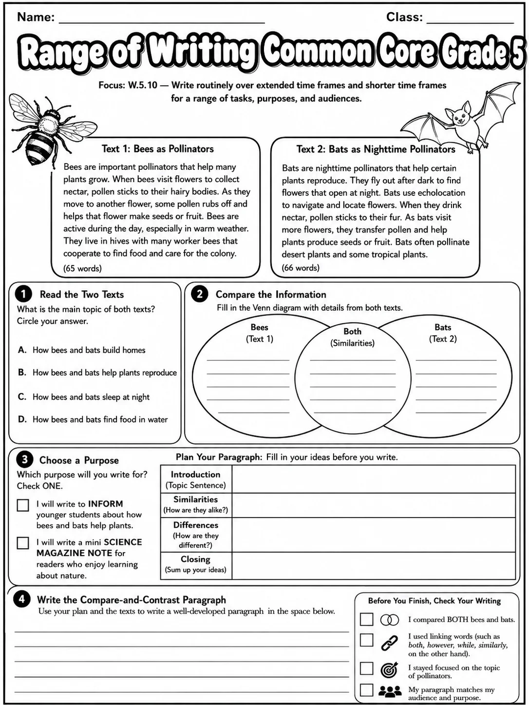 Range of Writing Common Core Grade 5 page 7 printable Common Core ELA worksheet preview
