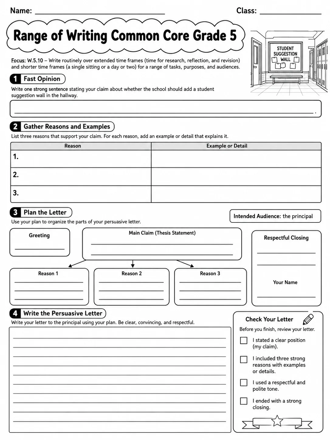 Range of Writing Common Core Grade 5 page 8 printable Common Core ELA worksheet preview