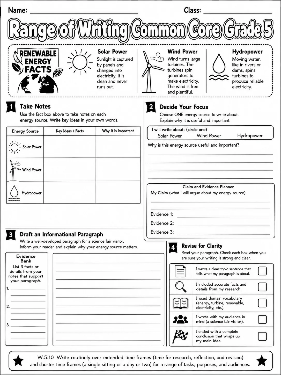 Range of Writing Common Core Grade 5 page 9 printable Common Core ELA worksheet preview