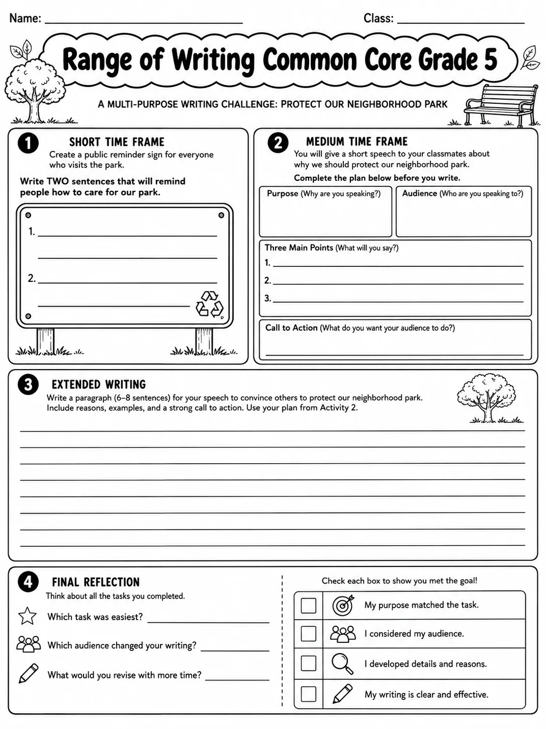 Range of Writing Common Core Grade 5 page 10 printable Common Core ELA worksheet preview