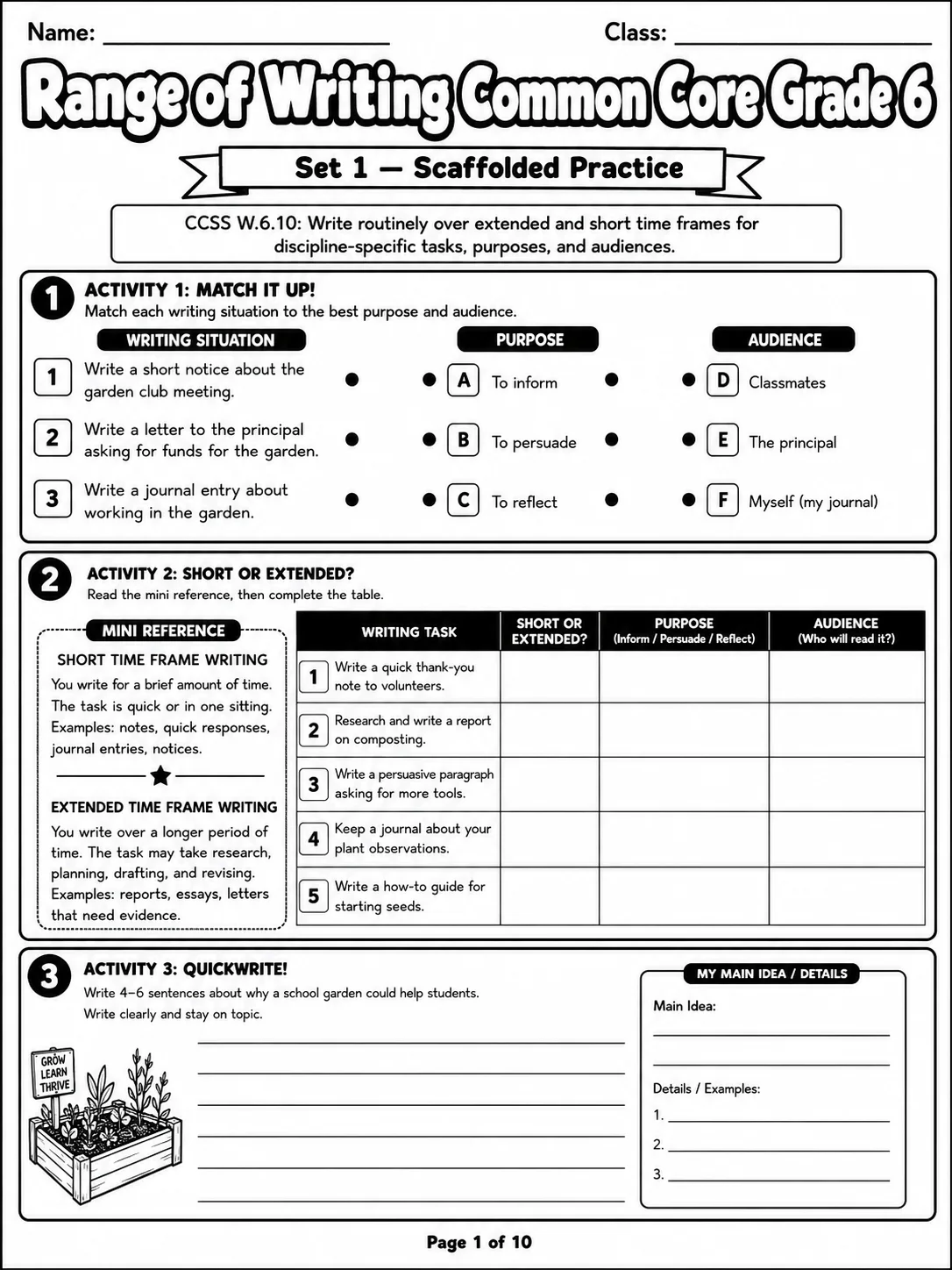 Range of Writing Common Core Grade 6 printable Common Core ELA Grade 6 worksheet preview from KiwiBee
