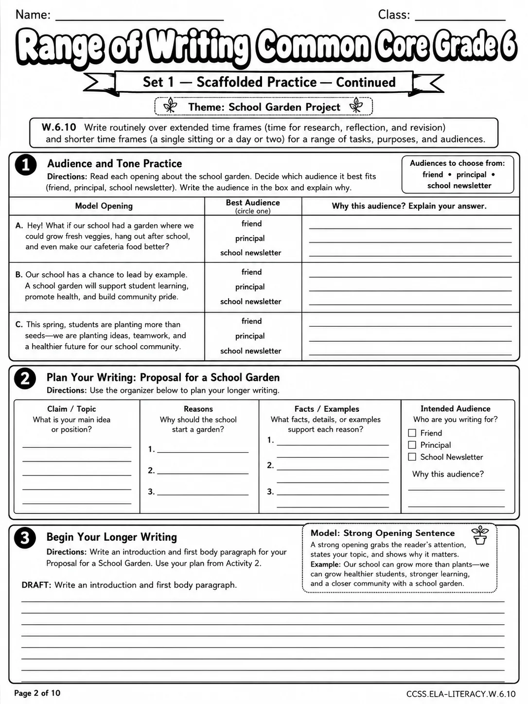 Range of Writing Common Core Grade 6 page 2 printable Common Core ELA worksheet preview