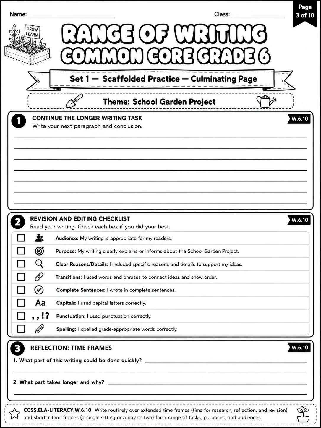 Range of Writing Common Core Grade 6 page 3 printable Common Core ELA worksheet preview