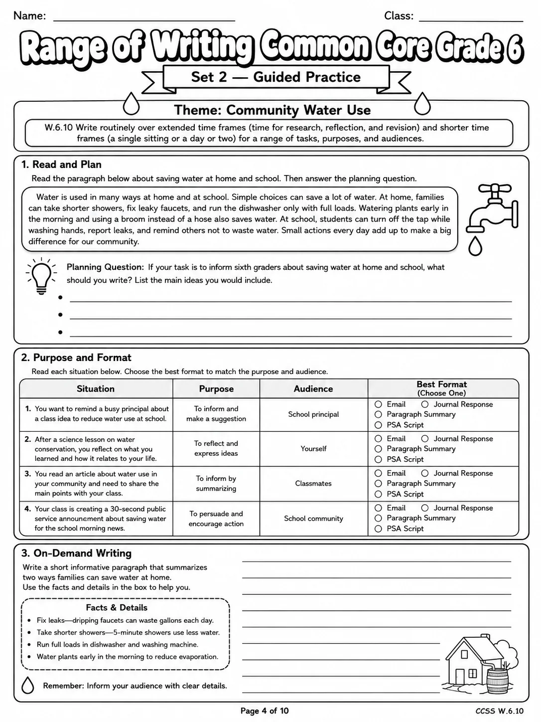 Range of Writing Common Core Grade 6 page 4 printable Common Core ELA worksheet preview