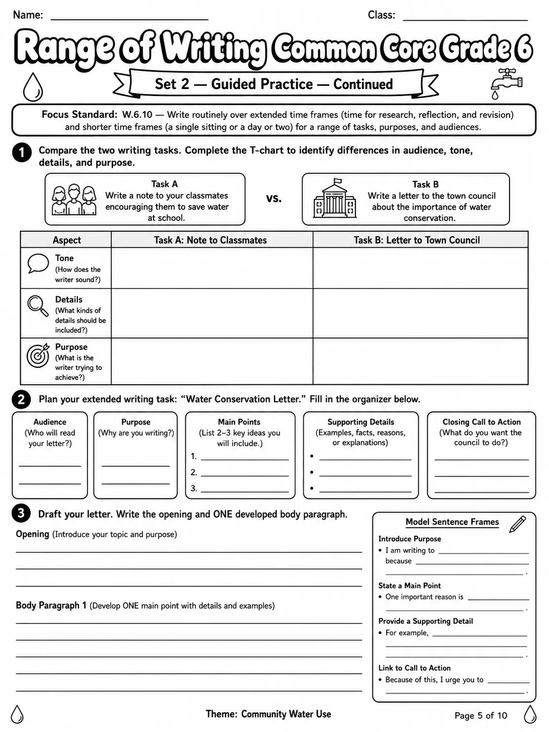 Range of Writing Common Core Grade 6 page 5 printable Common Core ELA worksheet preview