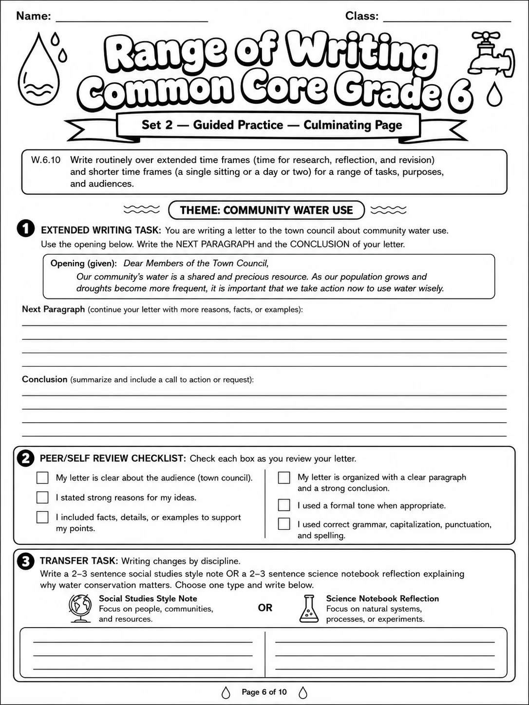 Range of Writing Common Core Grade 6 page 6 printable Common Core ELA worksheet preview
