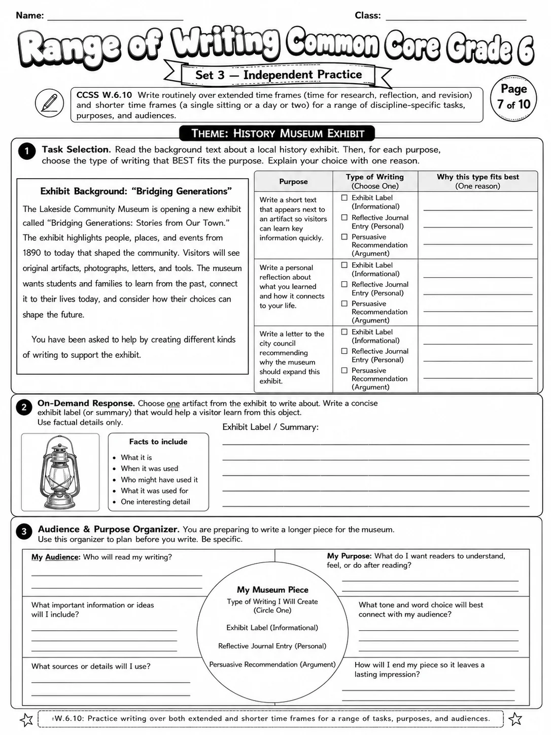 Range of Writing Common Core Grade 6 page 7 printable Common Core ELA worksheet preview