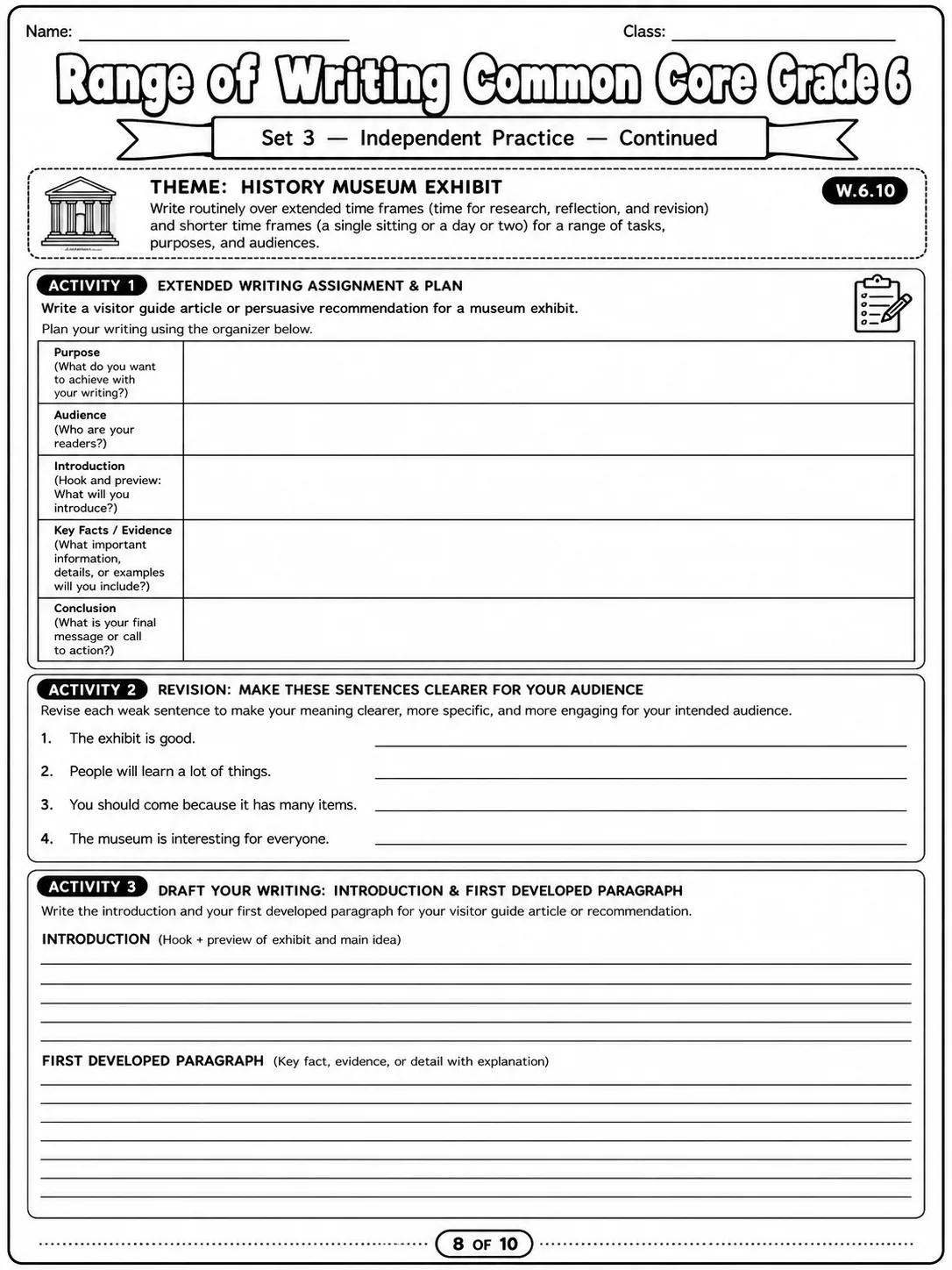 Range of Writing Common Core Grade 6 page 8 printable Common Core ELA worksheet preview