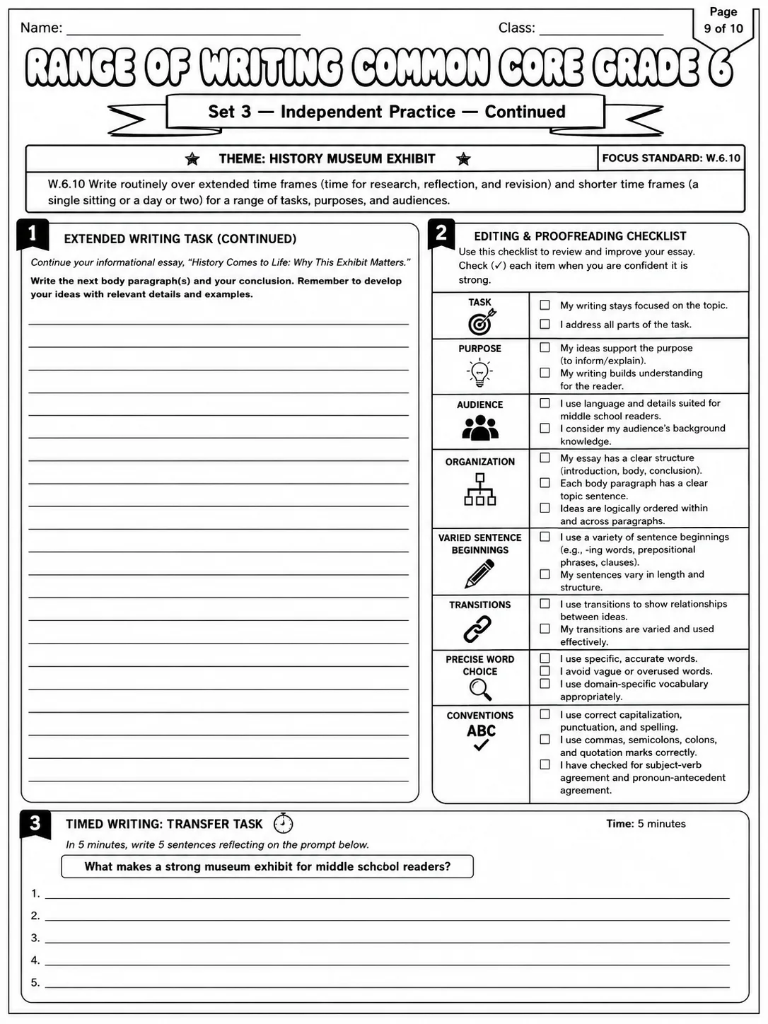 Range of Writing Common Core Grade 6 page 9 printable Common Core ELA worksheet preview