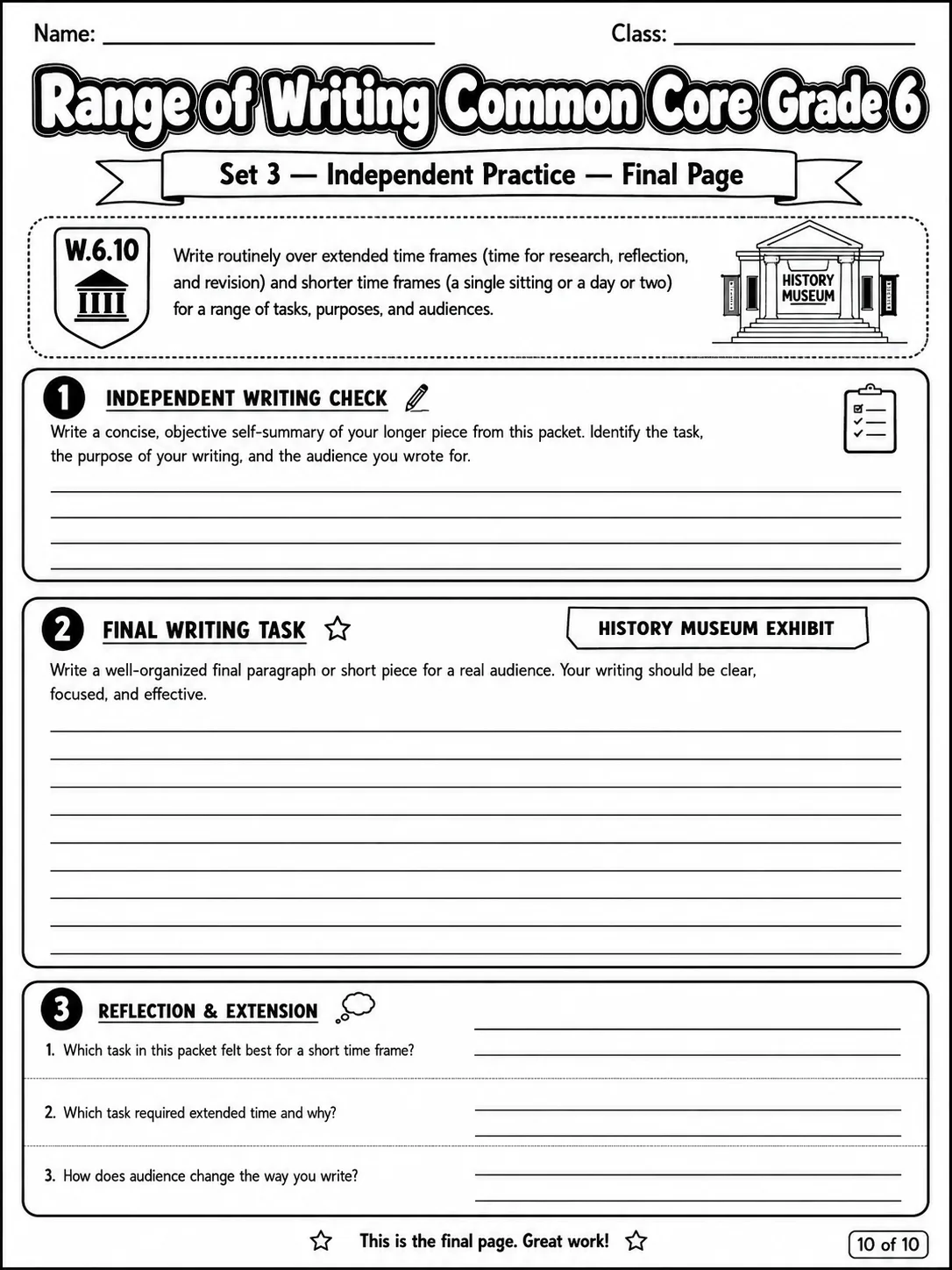 Range of Writing Common Core Grade 6 page 10 printable Common Core ELA worksheet preview