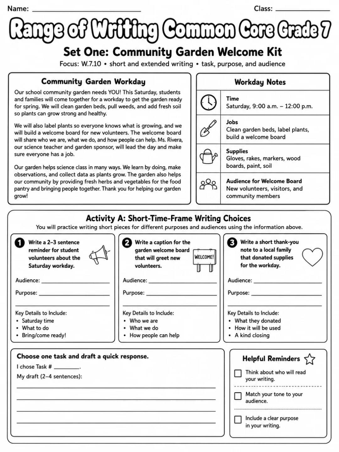 Range of Writing Common Core Grade 7 printable Common Core ELA Grade 7 worksheet preview from KiwiBee