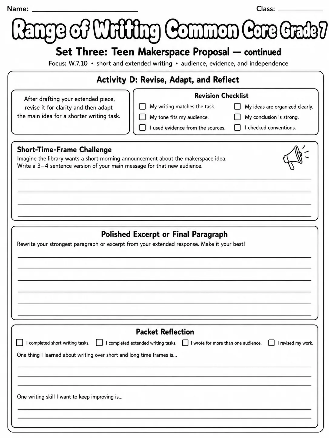 Range of Writing Common Core Grade 7 page 2 printable Common Core ELA worksheet preview