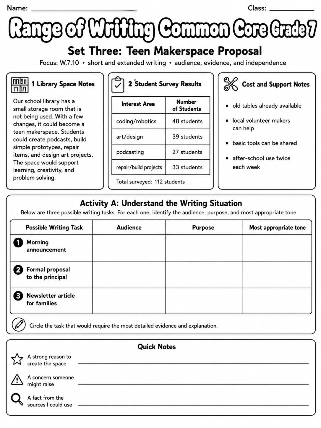 Range of Writing Common Core Grade 7 page 3 printable Common Core ELA worksheet preview