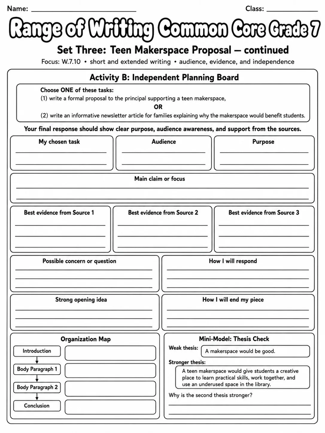 Range of Writing Common Core Grade 7 page 4 printable Common Core ELA worksheet preview