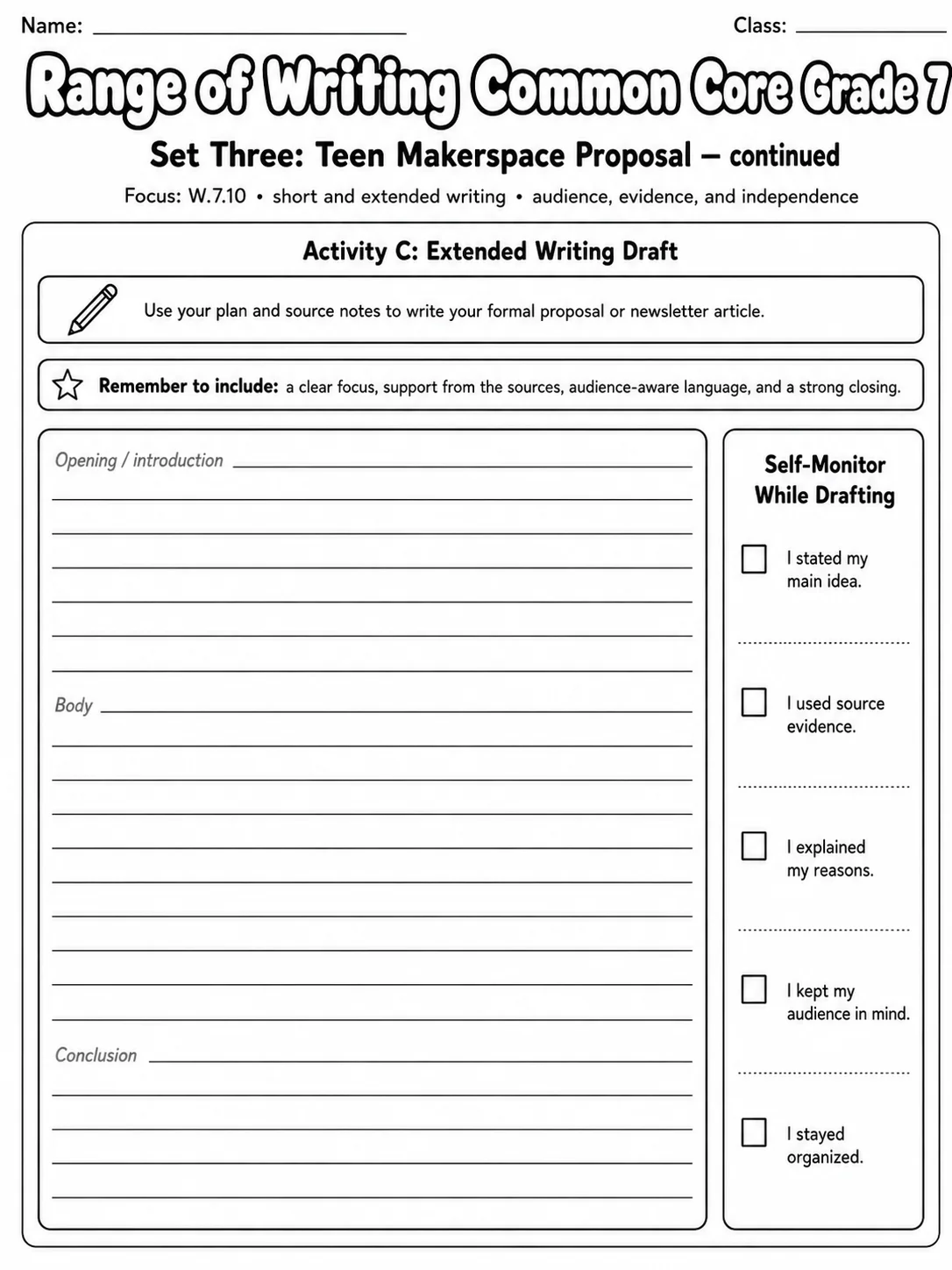 Range of Writing Common Core Grade 7 page 5 printable Common Core ELA worksheet preview