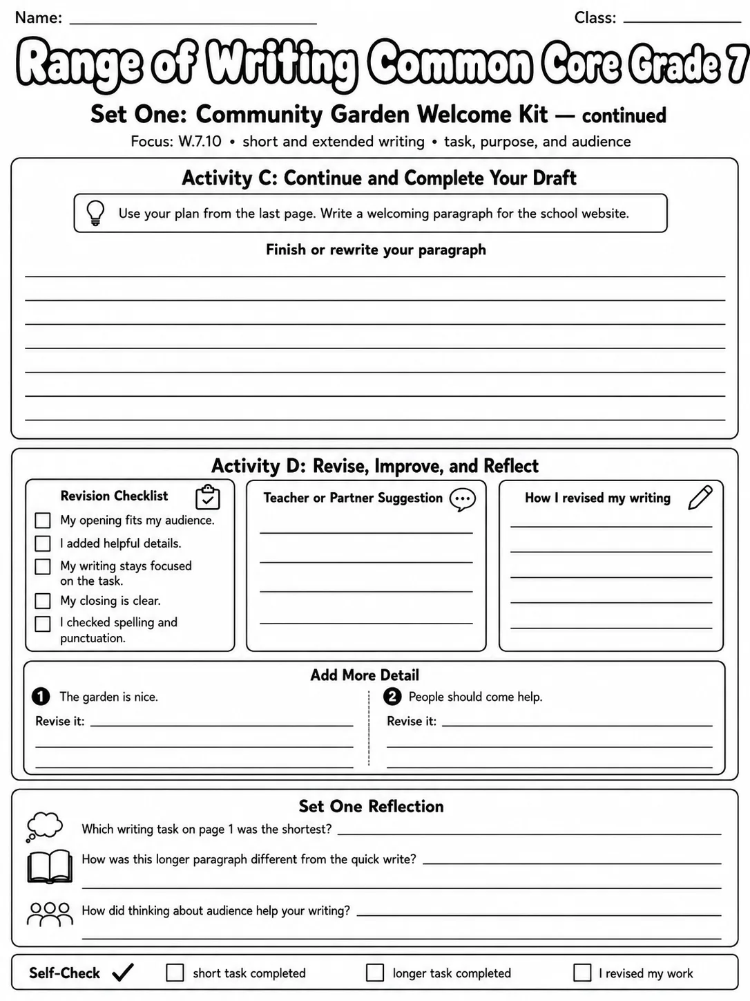 Range of Writing Common Core Grade 7 page 6 printable Common Core ELA worksheet preview