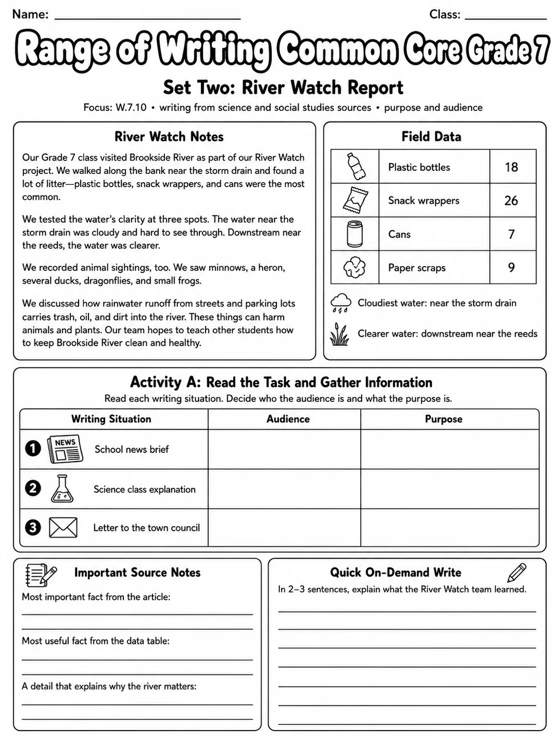 Range of Writing Common Core Grade 7 page 7 printable Common Core ELA worksheet preview