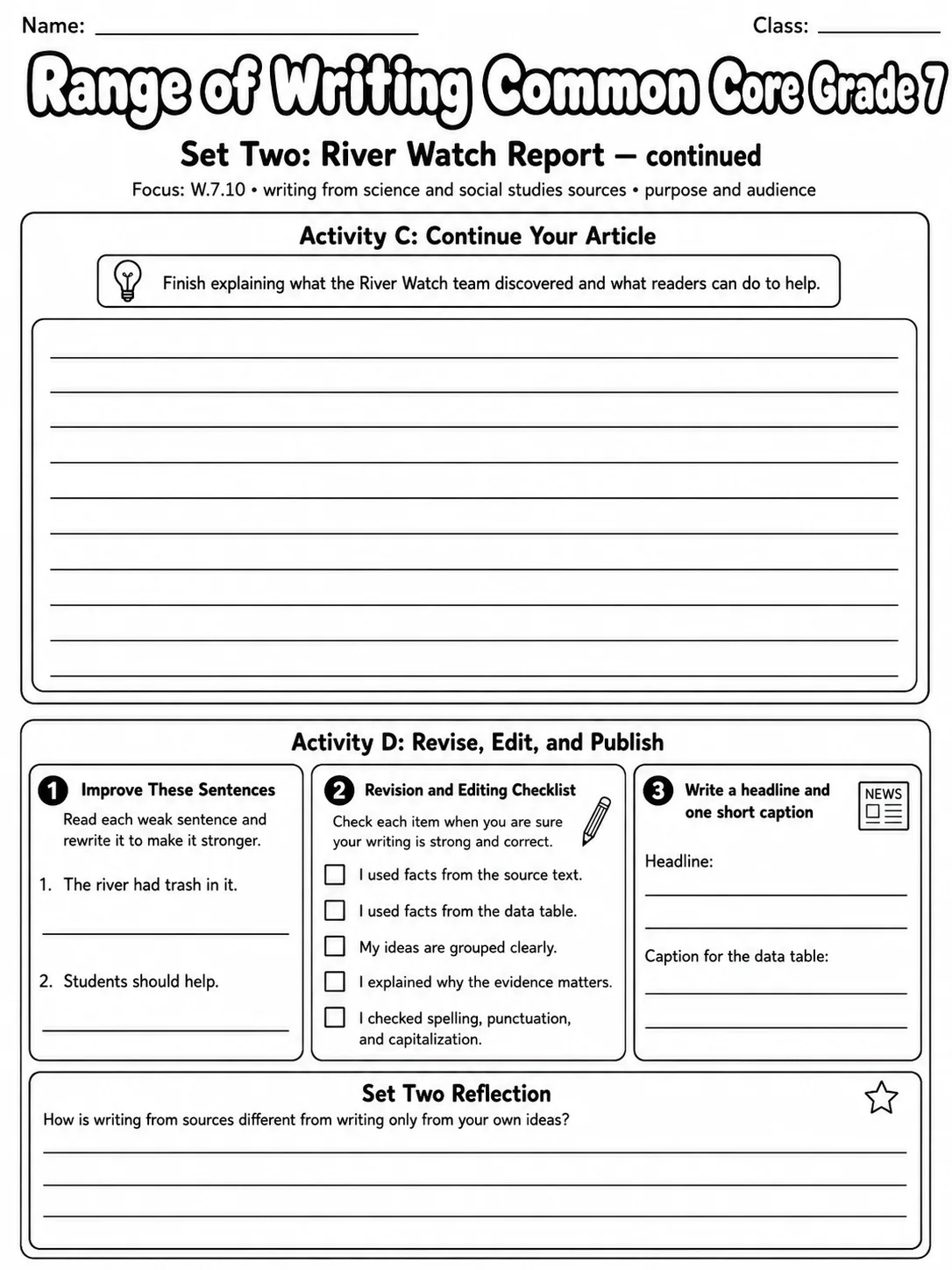Range of Writing Common Core Grade 7 page 8 printable Common Core ELA worksheet preview
