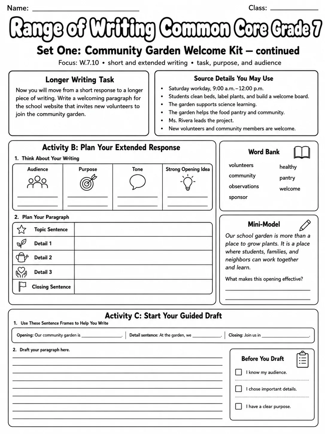 Range of Writing Common Core Grade 7 page 9 printable Common Core ELA worksheet preview