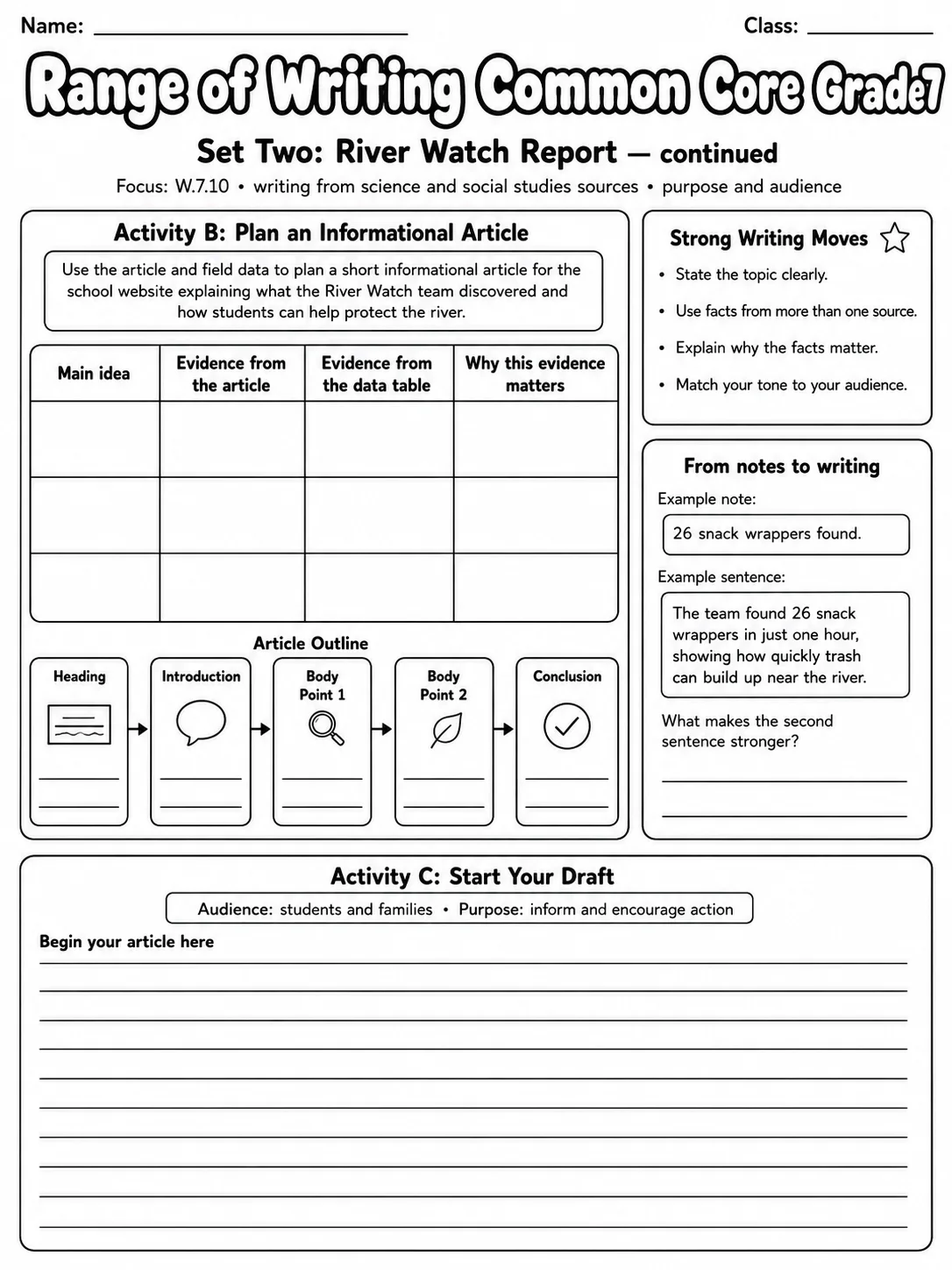 Range of Writing Common Core Grade 7 page 10 printable Common Core ELA worksheet preview