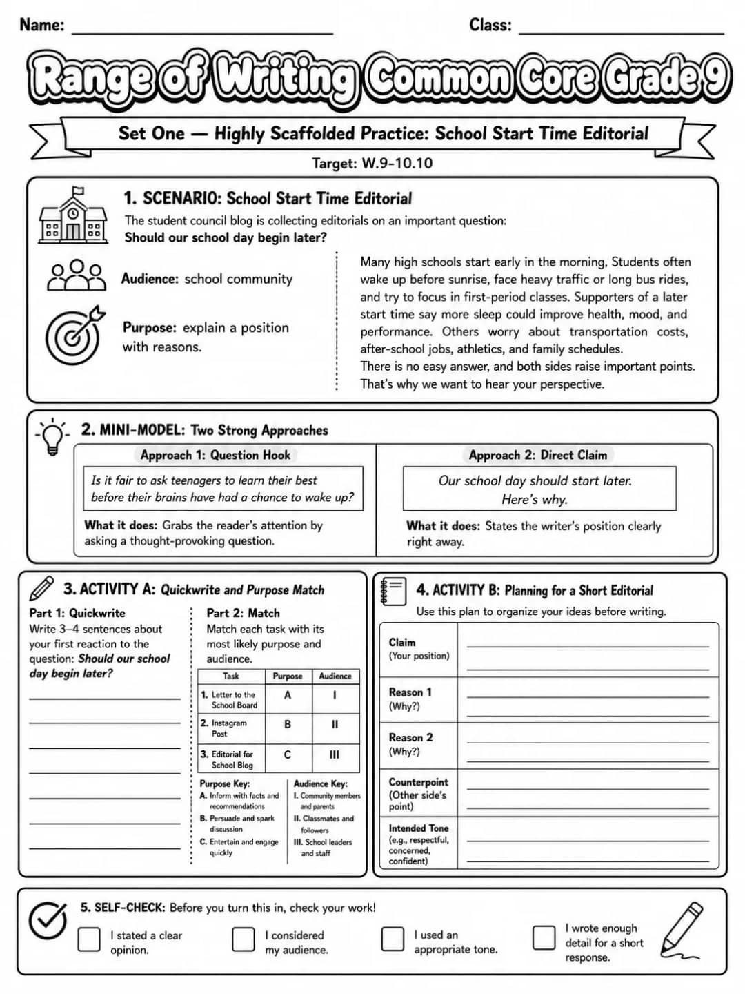 Range of Writing Common Core Grade 9 printable Common Core ELA Grade 9 worksheet preview from KiwiBee