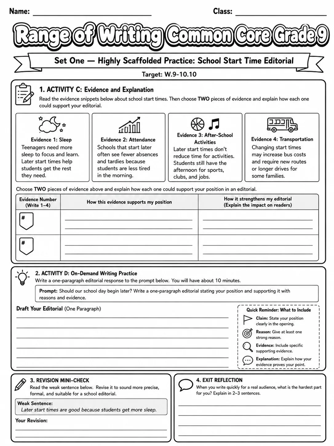 Range of Writing Common Core Grade 9 page 2 printable Common Core ELA worksheet preview