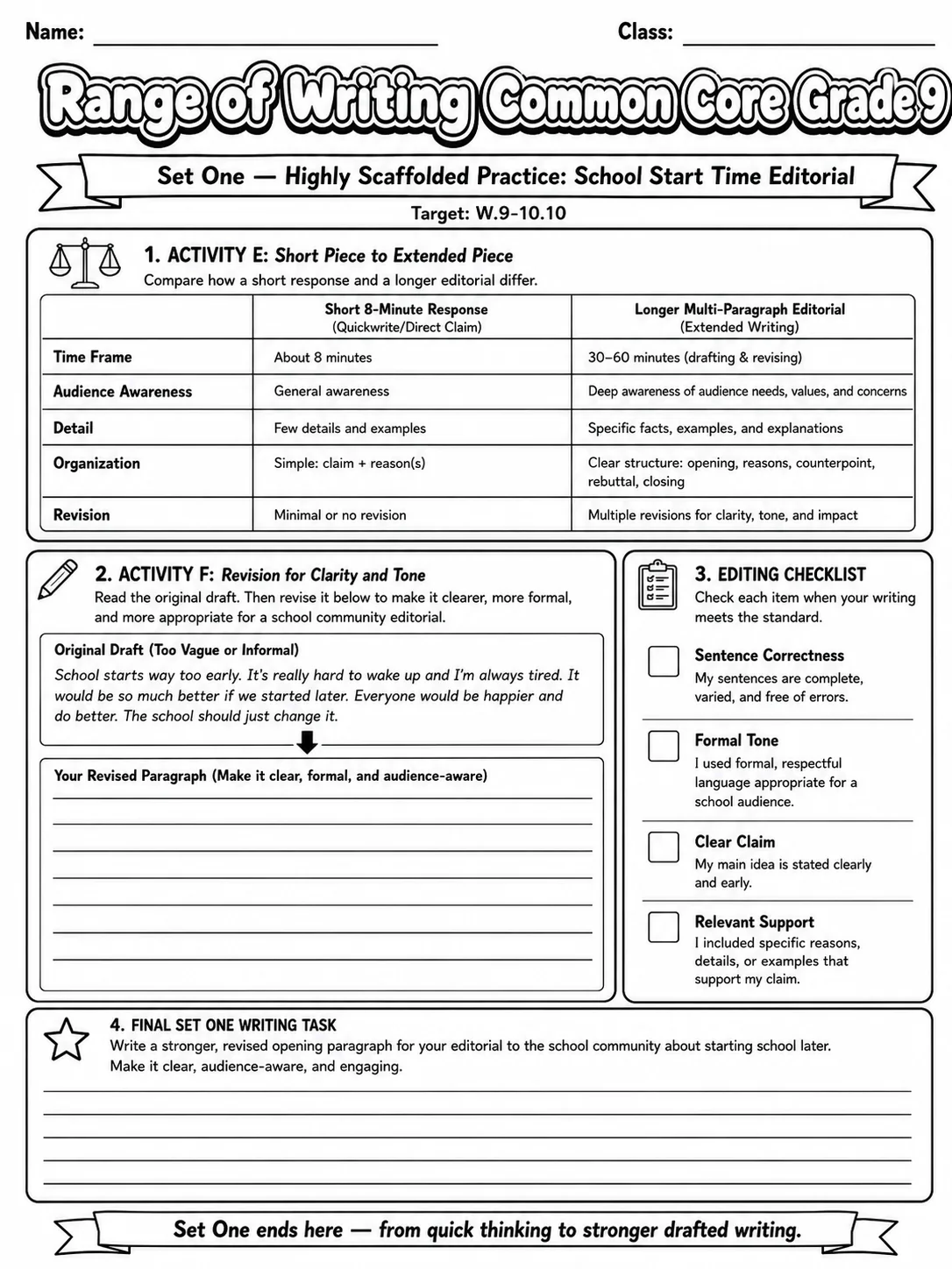 Range of Writing Common Core Grade 9 page 3 printable Common Core ELA worksheet preview