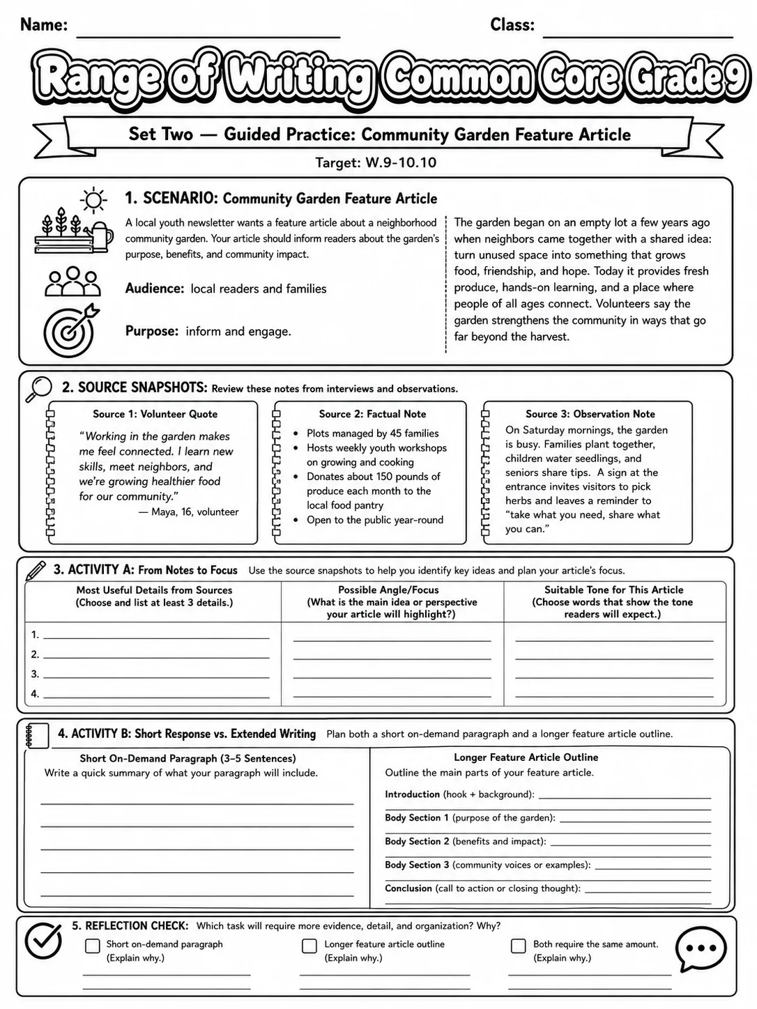 Range of Writing Common Core Grade 9 page 4 printable Common Core ELA worksheet preview