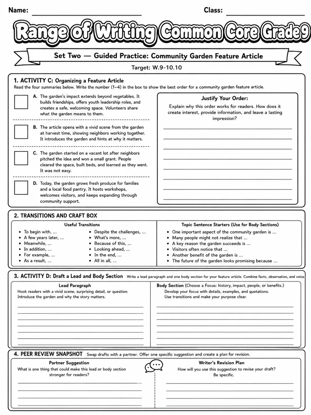 Range of Writing Common Core Grade 9 page 5 printable Common Core ELA worksheet preview