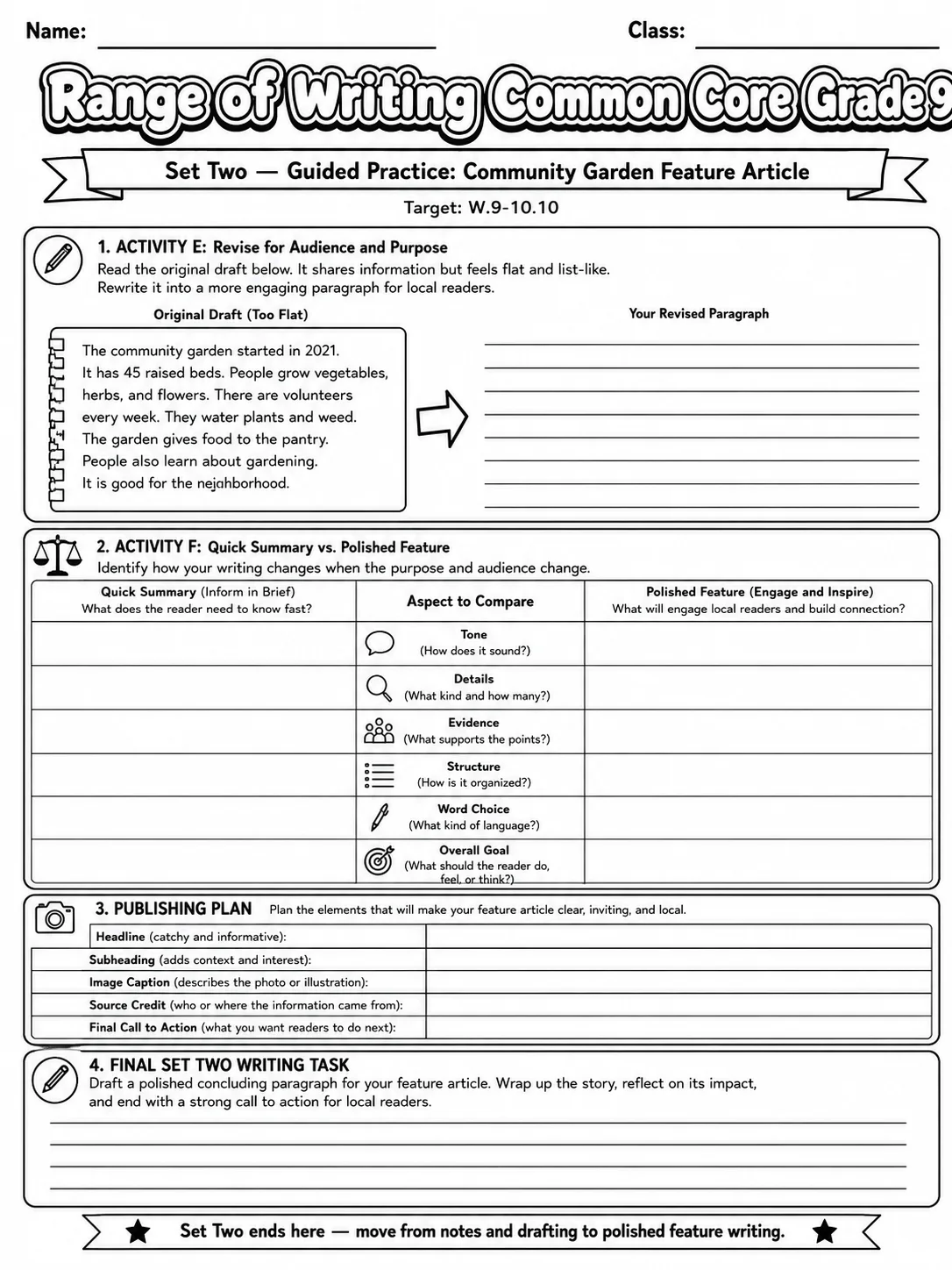 Range of Writing Common Core Grade 9 page 6 printable Common Core ELA worksheet preview