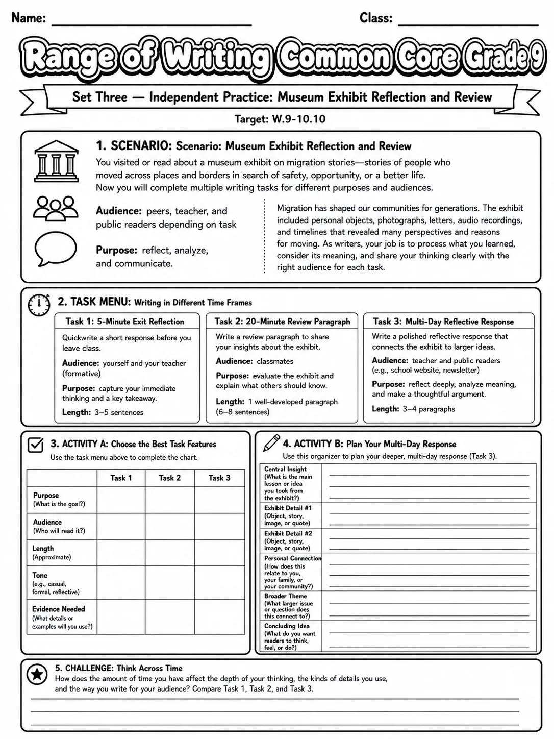 Range of Writing Common Core Grade 9 page 7 printable Common Core ELA worksheet preview